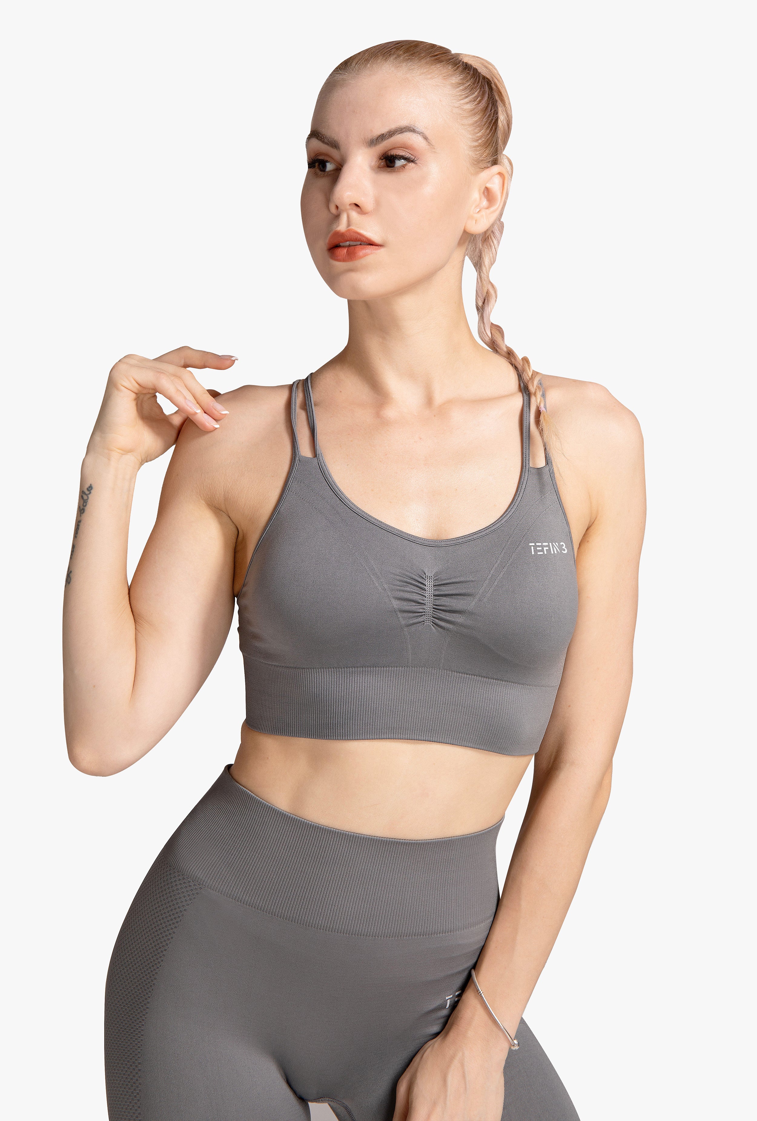 Urban Threads seamless sports bralette with strappy back in charcoal gray  heather
